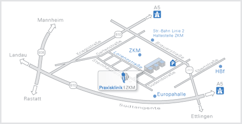 Lageplan der Praxisklinik am ZKM in Karlsruhe